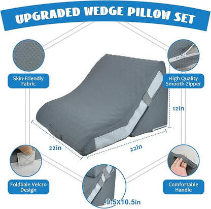 Wedge Pillow, 9&12" Adjustable Bed Wedge Pillow for Sleeping, Ergonomically Triangle Pillow for Back Pain Relief, Memory Foam Pillow Wedge for Post Surgery, Acid Reflux and Snoring,Grey