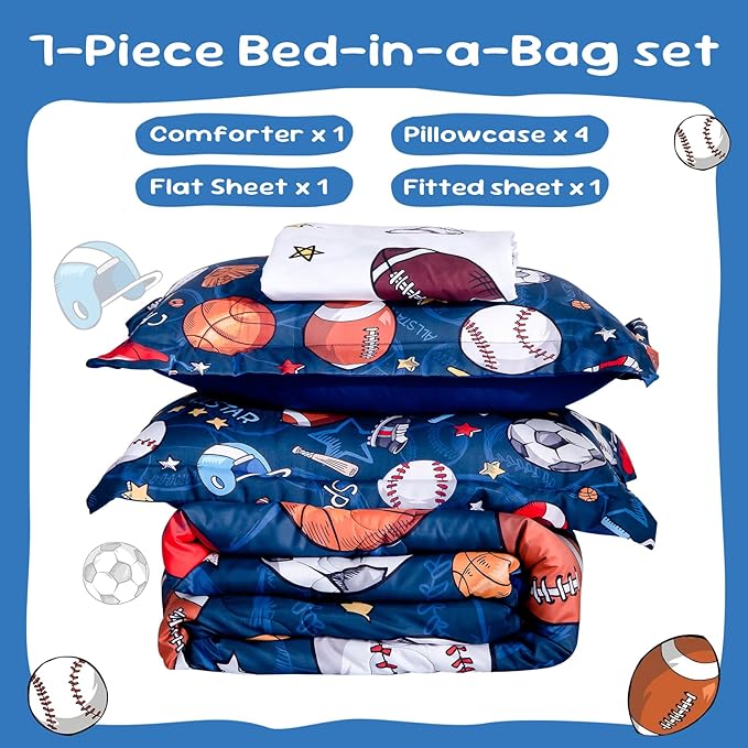 Wajade Sports Comforter Set Bed in A Bag Twin Size 7 Piece 3D Soccer Basketball Baseball Football Bedding Set for Kids Boys (1 Comforter, 1 Flat Sheet, 1 Fitted Sheet, 2 Pillowcase and 2 Pillow Sham)