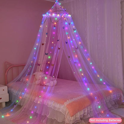 FIOBEE Bed Canopy for Girls Room Bed Canopy Curtains with Led Lights Mosquito Net DIY Princess Room Décor with Stars Butterflies for Kids Bedroom, Multi-Color