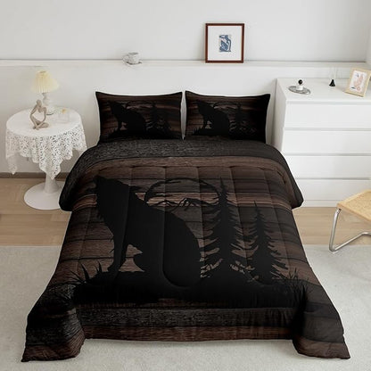 Feelyou Cute Wolf Comforter Set for Girls Kids Wolves Howling Bedding Set Room DecorAnimal Wolves Tree Wood Grain Bedding Set Brown Black Duvet Set 3Pcs with 2 Pillow Case Queen Size Boys