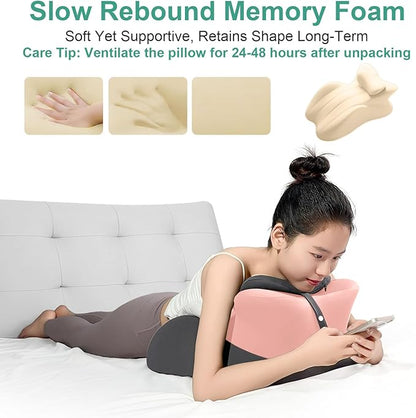 Memory Foam Wedge Pillow, Prone Pillow Headboard & Bed Reading Pillow, Multifunctional Ergonomic Support for Back Pain, Acid Reflux, Sitting Up, Back Cushion with Removable Stretch Cover (Gray Pink)