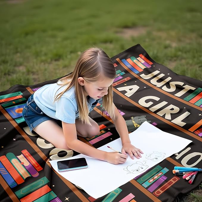 Reading Lover Blanket, Just A Girl Who Loves Books Blanket, Soft Warm Cozy Fleece Throw, Gifts for Girls Women Kids, 50"x60", Black
