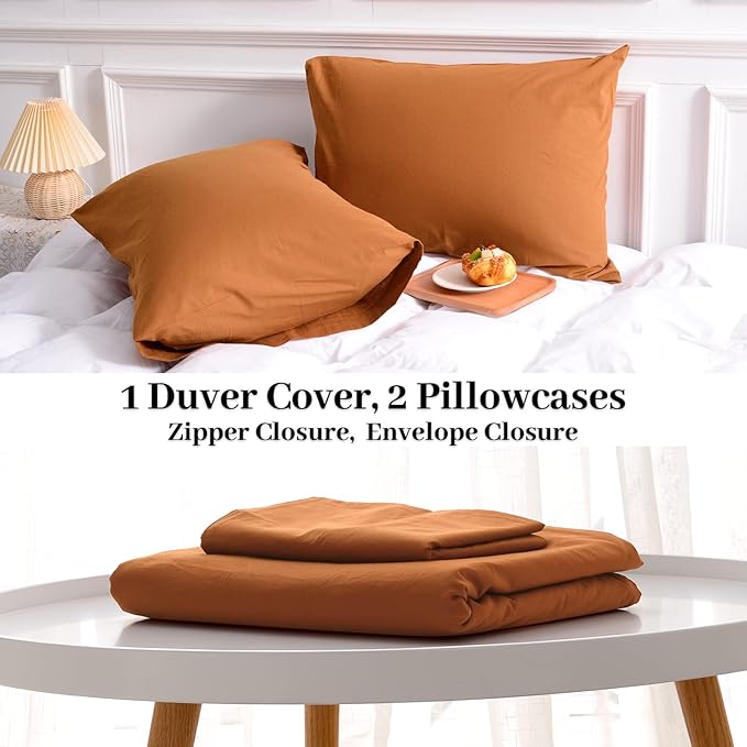 NEXHOME PRO Terracotta Burnt Orange Duvet Cover Set King Size Linen Textured Organic Natural 100% Washed Cotton Duvet Cover Fall Caramel 3 Pieces Bedding Set with Zipper Closure, Soft(No Comforter)