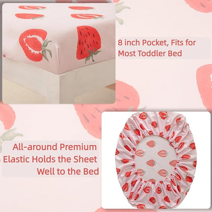 SDIII 4 Piece Strawberry Toddler Bedding Set, Kawaii Fruit Printed Pink Toddler Bedding Girl with Comforter, Fitted Sheet, Flat Sheet, Pillowcase