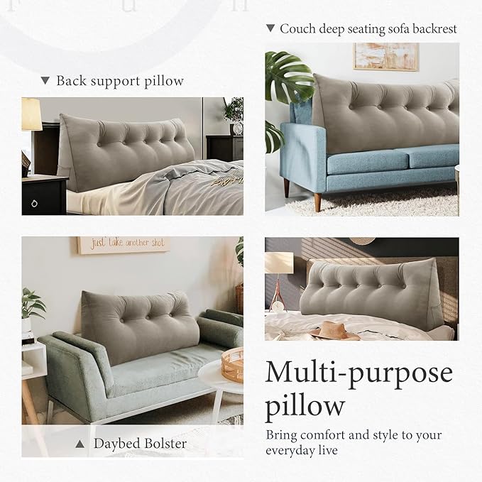 Headboard Pillow - 3 in 1 Large Bed Pillow as Wedge Reading Pillow, Large Couch Daybed Pillow or Positioning Support Backrest Back Cushion for Sitting in Bed Velvet Full Beige-Gray