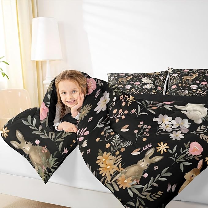 jejeloiu Cute Deer and Rabbit Comforter Set Full Size Floral Flower Bedding Set for Kids Boys Girls Nature Plants Duvet Quilt Black Colorful Bedroom Decor Microfiber 3 Pcs with 2 Pillow Cases