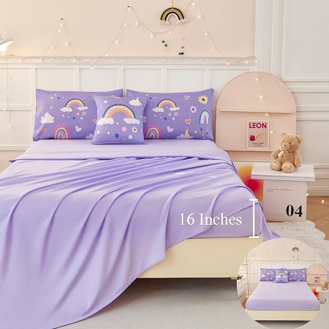 ANGIYUIN 6 Pieces Purple Twin Bedding Set Rainbow Bedding Set for Girls Love Hearts and Moon Design Kids Bed Set Soft Girl Bed in A Bag with Sheets, Purple, Twin
