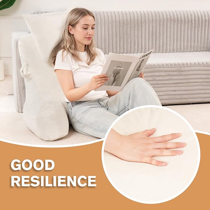 Portable Reading Pillows with Headrest for Bed Sitting Up(Beige Oeko-Tex), Velvet Back Pillow with Arms & Pockets for Adults, Support Memory Foam Bed Pillow for Dorm/Reading/Watching/Gaming