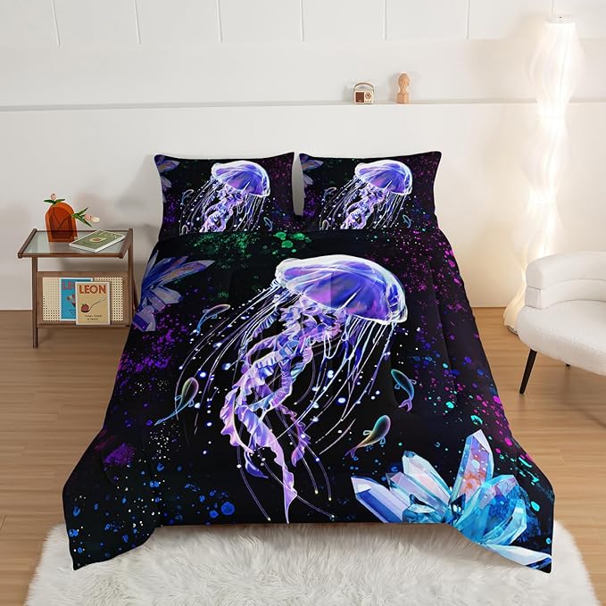 HOSIMA Ocean Theme 3 Piece Comforter Set - Deep Sea Treasure Crystals Jellyfish for Queen Size Bed - Preppy Dreamy Marine Life Colored Ink Galaxy Bedding
