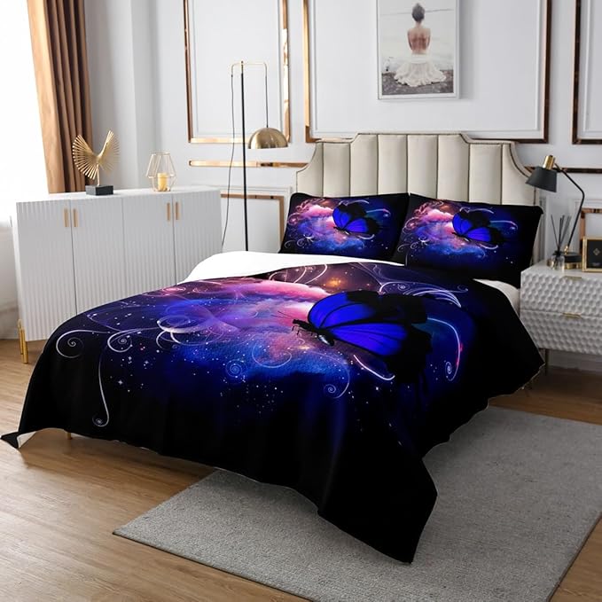 Erosebridal Dreamlike Blue Butterfly Quilted, Colorful Aesthetic Flying Butterflies Coverlet Set, Mystery Bedspread, Watercolor Room Decor for Kids Boys Girls Teens Children Youth Teenager, Twin