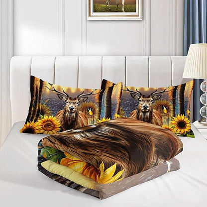 Deer Bedding Sets for Kids Boys Girls Room Decor,Hunting Themed Forest Sunflower Bedding Comforter Sets,Western Comforter Sets Woodland Camo King Bedding Set with 2 Pillowcases.