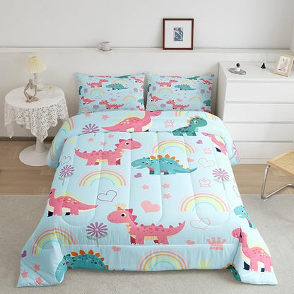 Kawaii Dino Kids Comforter Set Twin Size,Cute Rainbow Floral Love Heart Reversible Bedding Set for Teens Bedroom,Blue Pink Dinosaur Cartoon Animal Quilted Duvet with 1 Pillowcase