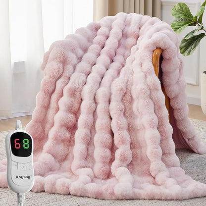 Heated Blanket Throw with 1/2/4/6/8 Hours Auto-Off 10 Heat Level, 62'' * 84'' Cozy Faux Rabbit Fur Bubble Electric Blanket with Overheat Protection(Tie-Dye Pink)