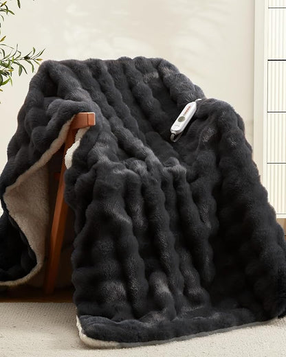 GarveeHome Heated Blanket Queen, Dual Control Faux Fur Electric Blanket with 4 Heat Settings, Soft Bubble Blanket with 8 Hour Auto-Off & Overheat Protection, for Gifts Home Couch or Bed, Dark Grey