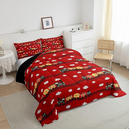 Erosebridal Kids Cartoon Train Bedding Sets King for Boys Cute Truck Car Themed Comforter Set Kawaii Steam Engine Comforter White Clouds Watercolor Red Vehicles Duvet Insert for Kids Bedroom