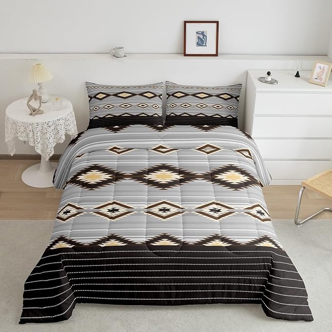 Feelyou Southwestern Bedding Set Geometric Comforter Set for Kids Boys Girls Room Decor Tribal Comforter Toddler Size Native American Design Brown Duvet Set 2Pcs