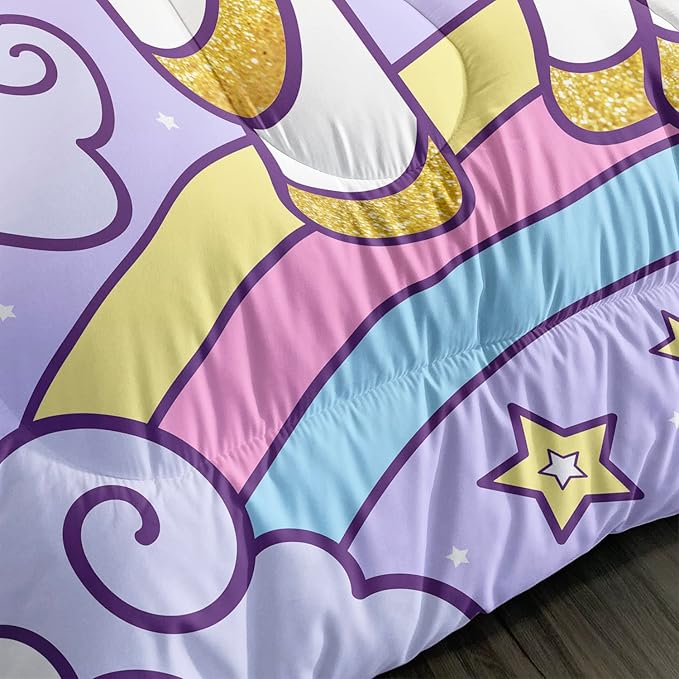 Axolotl Rainbow Unicorn Bedding Set Twin,Purple Unicorn Kids Comforter Sets with Stars Cloud for Girls,1 Quilt with 2 Pillowcases for Girls Kids Teens Children Adults Bedroom Decor All Season