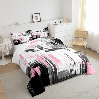 Feelyou Abstract Bedding Set Kids Modern Abstract Art Comforter Set Pink White Black Comforter for Boys Room Decor Lightweight Retro Duvet Set Toddler Size with 1 Pillow Case
