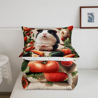 Cute Guinea Pig Comforter Set King Size 3D Fresh Vegetables Bedding Set Bedroom Decor Lovely Wild Animal Quilt Set for Kids Boys Girls Carrot Fruit Duvet Insert 3Pcs