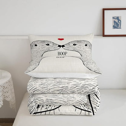 Cute Enhydra Lutris King Size Comforter Set,Kids Cartoon Sea Animals Decor All Season Bedding Set,Teens Sea Otter Couple Comforter,Girls Romantic Decor Quilt Set Bedroom Collection 3Pcs