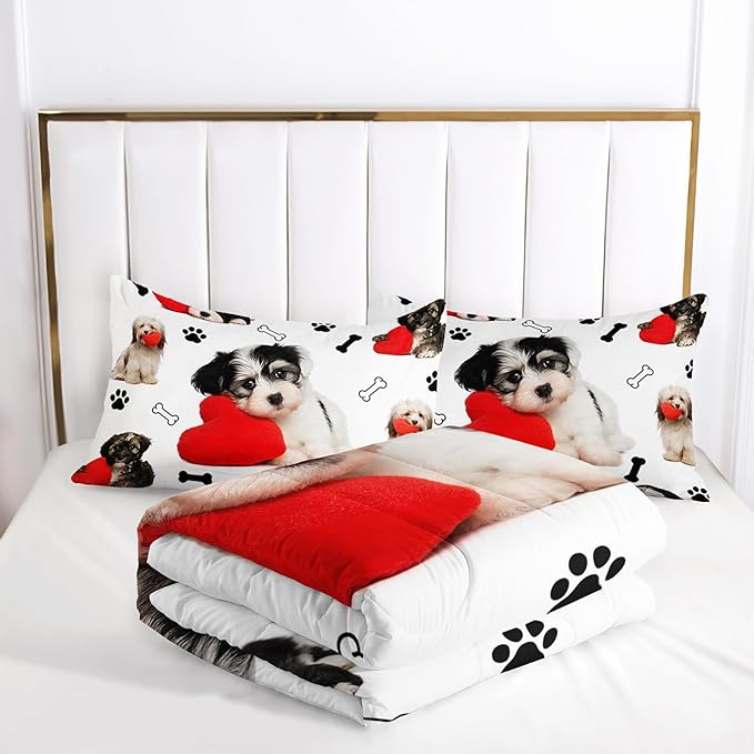 Cute Dog Comforter Set, Cartoon Paw and Bone Print Bedding Home Decor, Pet Puppy White Comforter Full Size