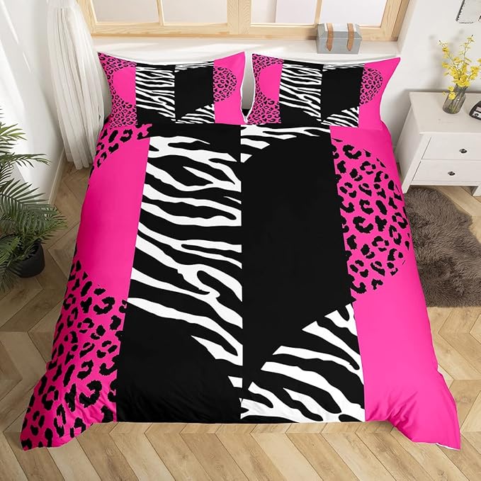 Castle Fairy Girls Leopard Zebra Duvet Cover Queen Size Pink Wild Animals Fur Bedding Sets 3pcs for Kids Women Youth Room Decor Romantic Heart Abstract Comforter Cover Patchwork Quilt Cover