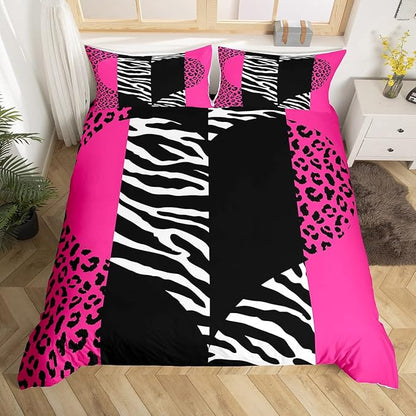 Castle Fairy Girls Leopard Zebra Duvet Cover Queen Size Pink Wild Animals Fur Bedding Sets 3pcs for Kids Women Youth Room Decor Romantic Heart Abstract Comforter Cover Patchwork Quilt Cover