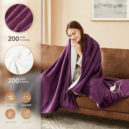 Homemate Electric Heated Blanket Twin Size - 62"x84" Heating Blanket Twin Size 1/2/4/6/8 Hours Auto-Off 10 Heat Level Over-Heat Protection Flannel Sherpa ETL Certification