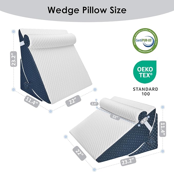 Bed Wedge Pillow for Sleeping, 3PCS Wedge Pillow Set for After Surgery, Adjustable 7 &12 inch Pillow Wedges for Acid Reflux Relief, Back Pain Relief, Sleep Apnea, Sitting Up, Headboard (Blue/White)