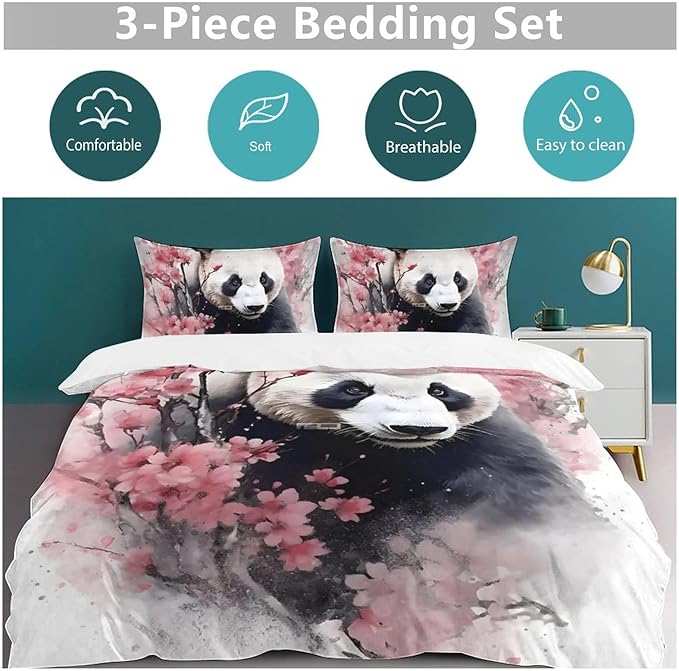 3D Panda Comforter Set Queen Size,Cute Panda Print Comforter Cover 3-Pieces for Kid Teen Boys Girls Room Decor,Lovely Animal Theme Duvet Cover with 2 Pillowcases (Full)