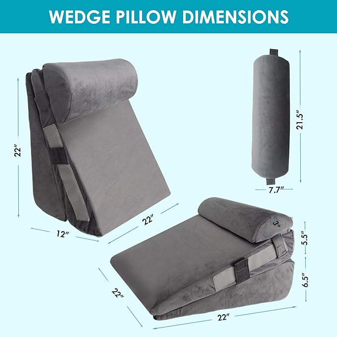 3Pcs Wedge Pillow Set for After Surgery,Acid Reflux Relief, Adjustable Bed Wedge Pillows for Sleeping,Anti Snore, Memory Foam Triangle Pillow for Back&Neck&Shoulder Pain Relief, Plush Grey