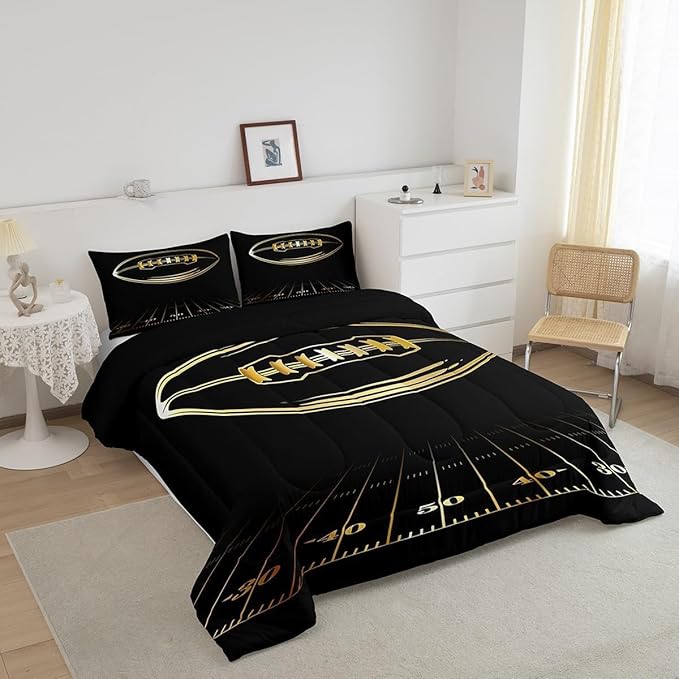 Feelyou Football Bedding Set Toddler Kids Rugby Sports Comforter Set American Football Comforter Set for Boys Golden Black Room Decor Lightweight Quilt Set with 1 Pillow Case