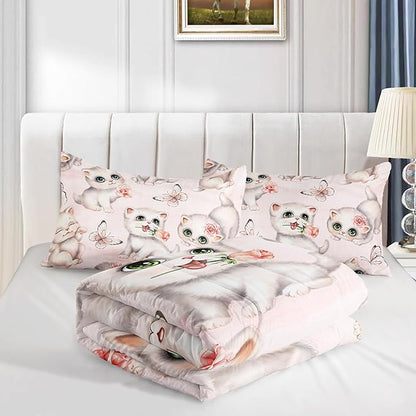 Kids Bedding Queen Cartoon Cat Comforter 3 Pieces Pink White Cat Butterflies Comforter Set for Teens Kids Boys Girls Adults Kawaii Flower Quilt with 1 Comforter and 2 Pillowcases