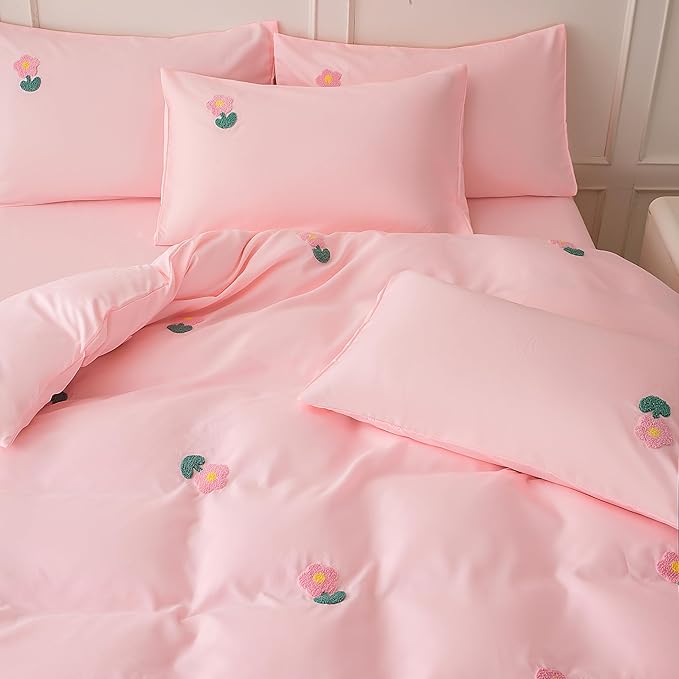 MWMWMW 5 Pieces Girls Bedding Set Full, Cute Tufted Floral Comforter Set, Pink Bedding Set Full for Kids Girls Women with 1 Comforter, 1 Flat Sheet, 1 Fitted Sheet and 2 Pillowcases