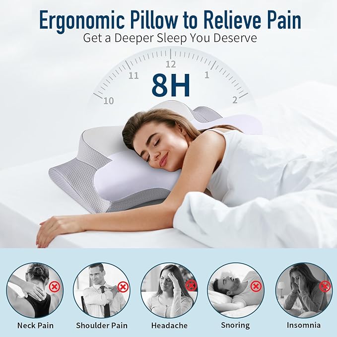 Cervical Pillow for Neck Pain Relief - Ergonomic Pillow for Sleeping Side Sleeper Pillow for Adults, Contour Neck Pillow Cooling Memory Foam Pillows, Orthopedic Bed Pillow(White & Grey)