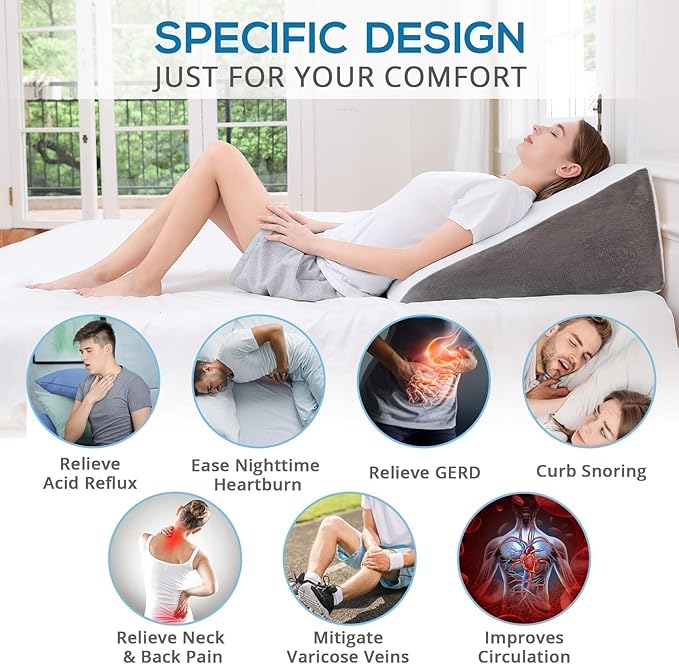 Sasttie Wedge Pillow, 12 Inch Memory Foam Bed Wedge Pillow for Sleeping, Acid Reflux, Back Pain, Post Surgery, and Snoring, Designed with Washable Cover, Cool Gray