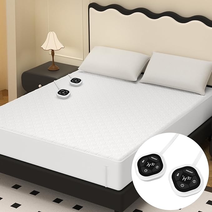 HOMLYNS LuxeHeat Electric Heated Mattress Pad Queen Size Zoned Dual Control with Preheat Function 10 Heat Levels 1-10H Memory Timer, Illuminated Button