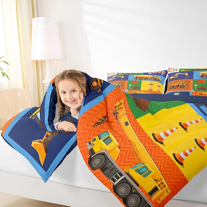 Cartoon Car Kids Comforter Set Full Size Excavator Tractor Truck Bedding 3pcs Boys Teens Bedroom Decor Construction Vehicles Quilted Duvet Colorful Patchwork Plaid Insert,2 Pillowcases