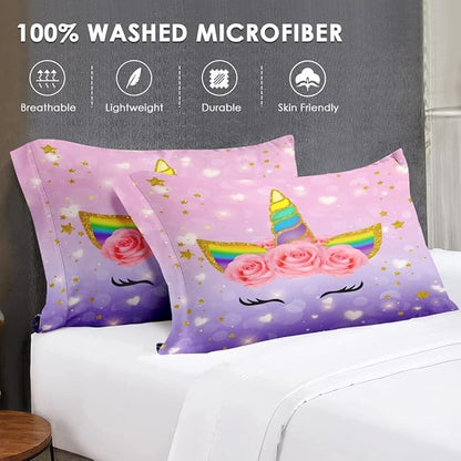 Queen Size Comforter Set with 2 Pillowcases & 2 Shams, Cute Cartoon Unicorn 7 Pcs Bedding for Kids and Teens, Rainbow Horse Flowers Bed in a Bag with Flat Fitted Sheet