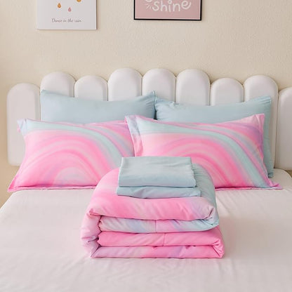 Wajade Girls Pink Comforter Set Bed in A Bag Full Size 7 Piece 3D Colorful Tie Dye Pink Rainbow Bedding Set for Teens Girls (1 Comforter, 1 Flat Sheet, 1 Fitted Sheet, 2 Pillowcase and 2 Pillow Sham)