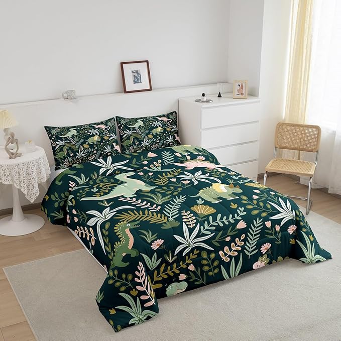 Cute Dinosaur Comforter Set King Size,Kids Cartoon Dino Kawaii Animal Bedding Set All Season Quilt Set,Green Pink Leaves Plant Botanical Microfiber Polyester Down Comforter