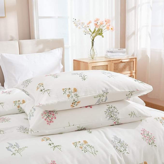 100% Washed Cotton Duvet Cover Twin Size - Linen Like Reversible Durable Soft Floral Duvet Cover Sets, 2 Pieces White Comforter Cover with Zipper Closure