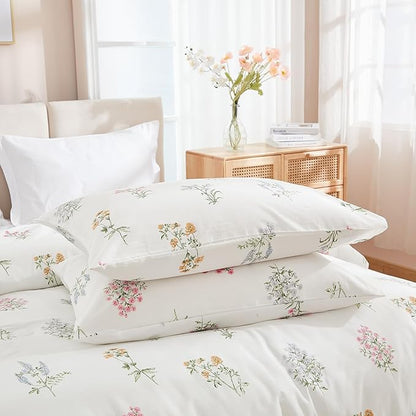100% Washed Cotton Duvet Cover Queen Size - Linen Like Reversible Durable Soft Floral Duvet Cover Sets, 3 Pieces White Comforter Cover with Zipper Closure