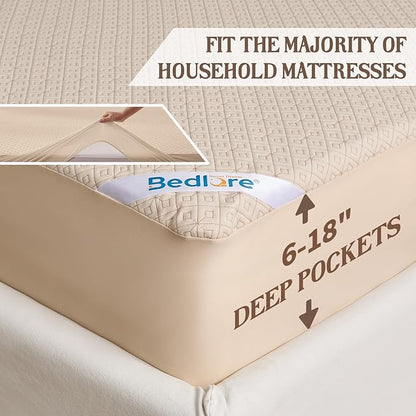 BEDLORE California King Size Mattress Protector, Waterproof Noiseless Mattress Cover with Stretchable Pockets for 6-15 inches Mattress, Soft Breathable Mattress Pad for College Dorm (Beige)