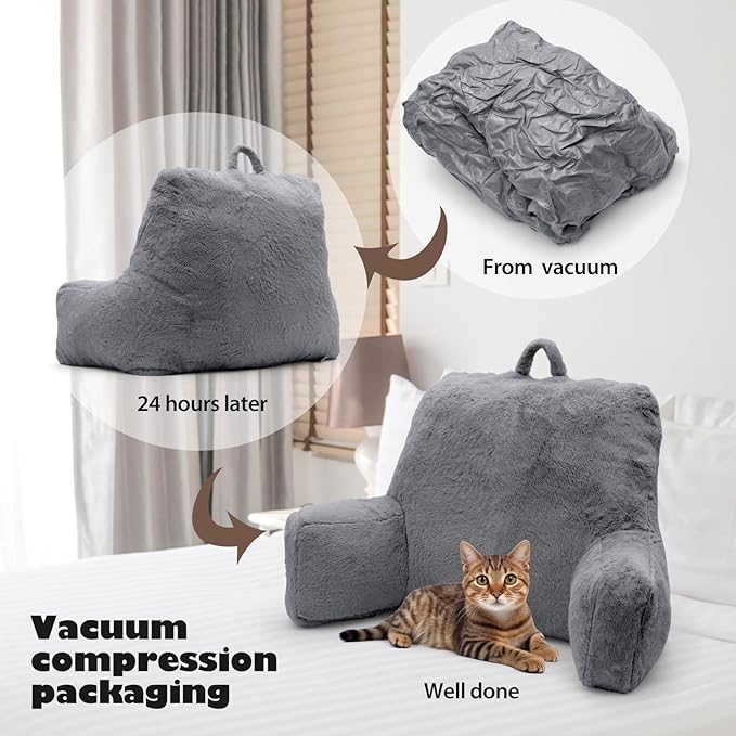 Reading Pillow Large Bed Pillow,Backrest Pillow with Arms, Back Support Pillow for Sitting Up in Bed, Couch for Adults Lounging Bedrest,Grey