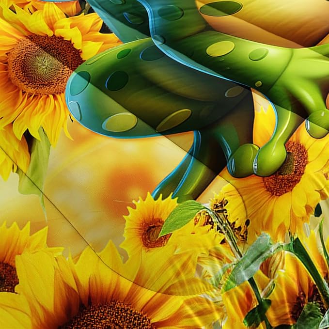 Cartoon Green Frog Comforter 3Pcs Full Yellow Sunflower Butterflies Bedding Set for Kid Teen Girl Boy Adult 3D Wild Animal Botanical Pattern Quilt Bed Decor with 1 Comforter and 2 Pillowcases