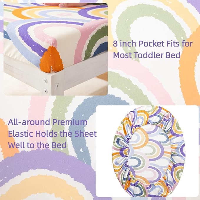 SDIII 4 Piece Rainbow Toddler Bedding Set, Soft Microfiber Toddler Bed Princess Bedding Set with Comforter, Fitted Sheet, Flat Sheet and Pillowcase