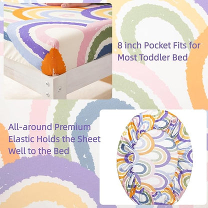 SDIII 4 Piece Rainbow Toddler Bedding Set, Soft Microfiber Toddler Bed Princess Bedding Set with Comforter, Fitted Sheet, Flat Sheet and Pillowcase