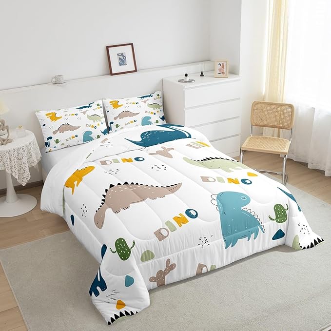 Feelyou Cute Dinosaur Comforter Set Cartoon Cactus Bedding Set Decor Jungle Dino Boho Succulent Comforter Wild Animal Pattern Yellow Grey Duvet Set Bedroom Quilt Set 3Pcs Queen