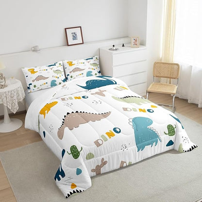 Feelyou Cute Dinosaur Comforter Set Cartoon Cactus Bedding Set Decor Jungle Dino Boho Succulent Comforter Wild Animal Pattern Yellow Grey Duvet Set Bedroom Quilt Set 3Pcs Queen
